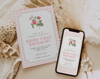 Berry First Birthday Invitation Template, Berry 1st Birthday Invite, Berry Sweet Birthday, Strawberries Birthday Invitations Girl, Printable