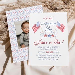 Convite de primeiro aniversário de menino americano, vermelho, branco e azul, convite de primeiro aniversário de Little Firecracker, festa de aniversário de 4 de julho