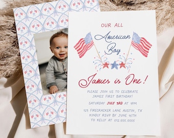 All American Boy First Birthday Invitation, Red White and Blue, Little Firecracker First Birthday Invite, 4th of July Birthday Party