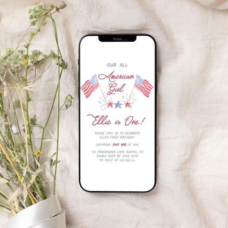 May include: A digital invitation for a first birthday party with a red, white, and blue American flag theme. The text reads "Our All American Girl Ellie is One!" and includes details about the party, including the date, time, and location.