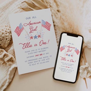 4th of July 1st Birthday Invite, All American Girl First Birthday Invitation, Summer Birthday Theme, Little Firecracker First Birthday