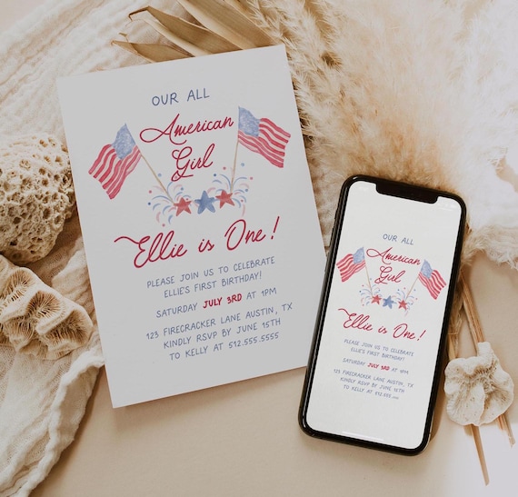 4th of July 1st Birthday Invite, All American Girl First Birthday Invitation, Summer Birthday Theme, Little Firecracker First Birthday