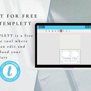 May include: A computer screen displaying a thank you card template with a light blue and white gingham pattern. The card features a small illustration of a giraffe and the text "Thank You". The text "Edit for free in Templett" is displayed on the screen.