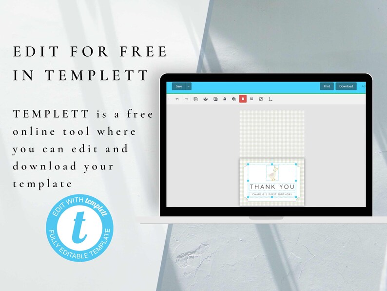 May include: A computer screen displaying a thank you card template with a light blue and white gingham pattern. The card features a small illustration of a giraffe and the text "Thank You". The text "Edit for free in Templett" is displayed on the screen.
