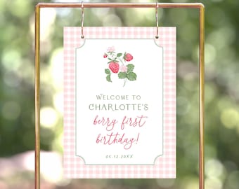 Berry 1st Birthday Welcome Sign Template, Berry First Birthday Party, Strawberry First Birthday Theme, 1st Birthday Girl, Pink Gingham