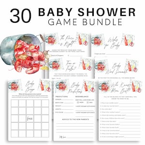 May include: A set of 30 printable baby shower games with a lobster and nautical theme. The games include "Baby Bingo", "The Price is Right", "True or False", "Baby Predictions", "Baby Word Scramble", and "Who Knows Mom Best".