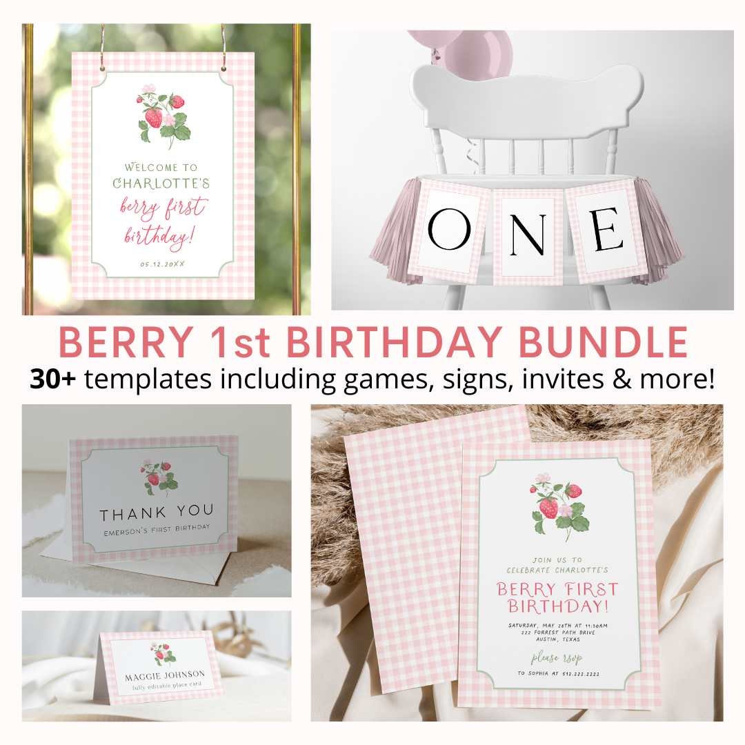 Pink Gingham Berry First Birthday Invitation Bundle, Strawberry 1st ...