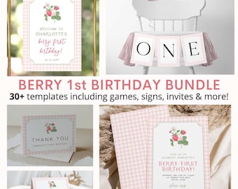 Pink Gingham Berry First Birthday Invitation Bundle, Strawberry 1st ...