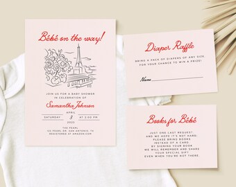 Convite parisiense para chá de bebê, convite editável para chá de bebê Bonjour Bébé, chá de bebê com tema francês Paris, convite para chá de bebê Paris França