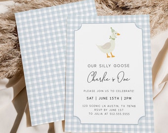 Silly Goose Birthday Invitation Template, Boy First Birthday Party Gingham, One Lucky Duck Birthday Invite, Duck First Birthday, Printable