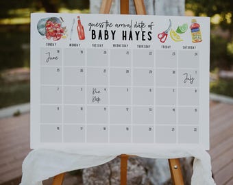 May include: A white calendar on a wooden easel with the text "guess the arrival date of BABY HAYES." The calendar has illustrations of food and drinks. The calendar is set up to guess the baby's arrival date.