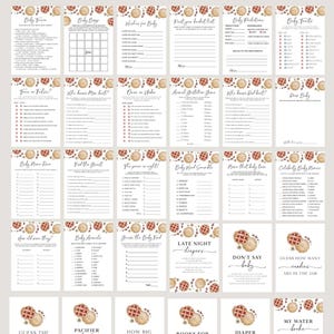 May include: A set of 20 printable baby shower games and 10 signs featuring a watercolor illustration of a pie with berries. The games include "Baby Bingo", "Wishes for Baby", "First Guessing Bucket List", "Baby Predictions", "Baby Trivia", "True or False", "Who Knows Mom Best", "Over or Under", "Animal Guessing Game", "Who Knows Dad Best", "Draw Baby", "Baby Name Race", "Find the Guest", "The Price is Right", "Baby Word Scramble", "Name That Baby Tune", "Celebrity Baby Names", "How Old Were They", "Baby Animals", "Guess the Baby Food", "Late Night Diapers", "Don't Say Baby", "Guess How Many Candies Are in the Jar", "Guess the Baby Food", "Pacifier Hunt", "How Big is Mommy's Belly", "Books for Baby", "Diaper Raffle", "My Water Broke".