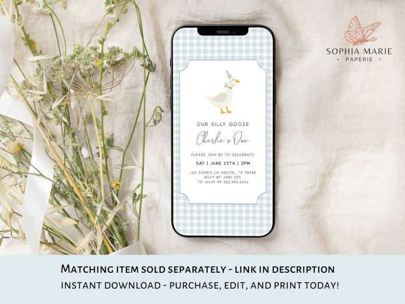 May include: A blue and white gingham patterned printable invitation for a baby's first birthday party. The invitation features a cartoon goose with a party hat and the text "Our Silly Goose Charlie's One".