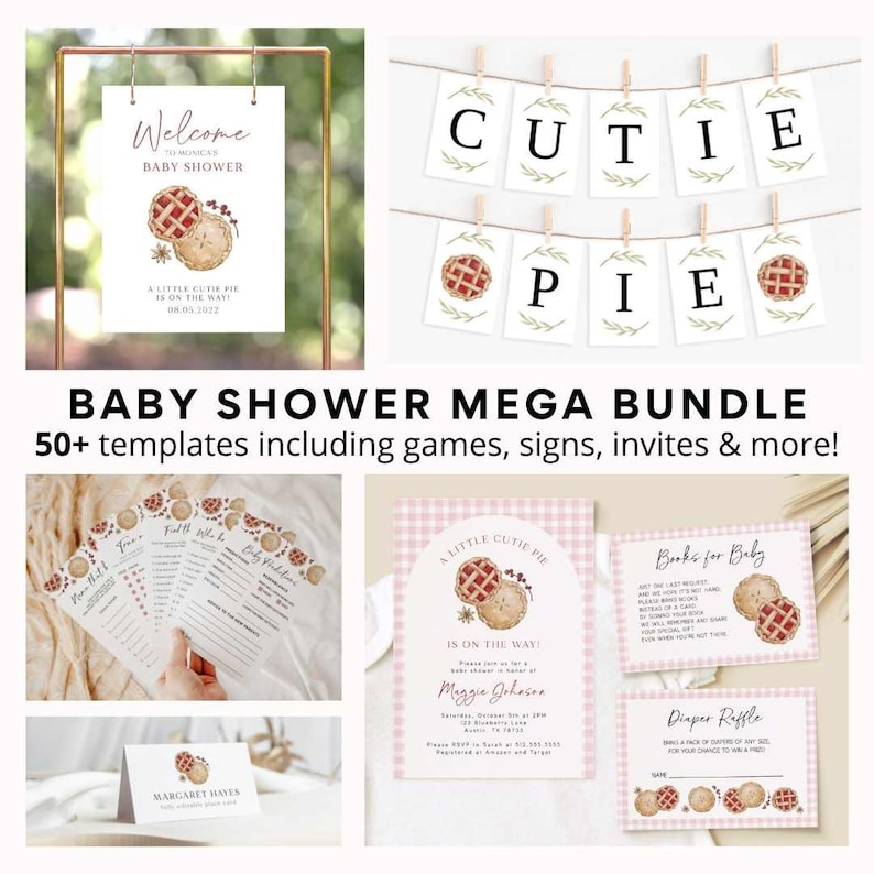 May include: A set of printable baby shower templates with a pie theme. The templates include a welcome sign, a banner that says "Cutie Pie", a game card, an invitation, and a diaper raffle card. The designs feature a watercolor illustration of a pie with a pink and red filling.