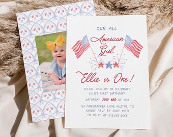 American Girl 1st Birthday Invitation: Red, White & Blue (Digital Download)