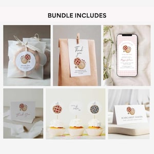 May include: A printable bundle of digital files for a pie-themed party. The bundle includes a thank you tag, a favor bag tag, a cupcake topper, a place card, and a digital invitation. The designs feature watercolor illustrations of pies with berries and leaves.