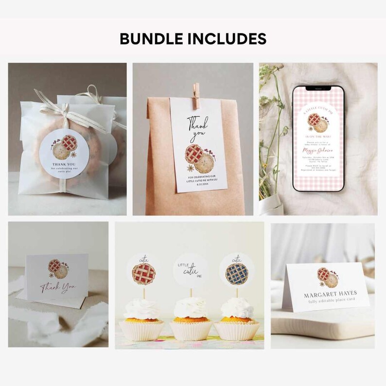 May include: A printable bundle of digital files for a pie-themed party. The bundle includes a thank you tag, a favor bag tag, a cupcake topper, a place card, and a digital invitation. The designs feature watercolor illustrations of pies with berries and leaves.