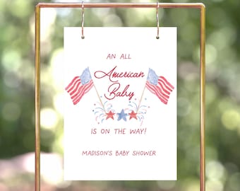 All American Baby Shower Willkommensschild, Rot, Weiß und Due, 4. Juli-Babyparty, hergestellt in den USA