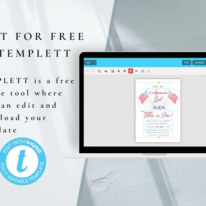 May include: A computer screen displaying a printable invitation template for a first birthday party. The template features a red, white, and blue American flag design with the text "Our All American Girl Ellie is One!"