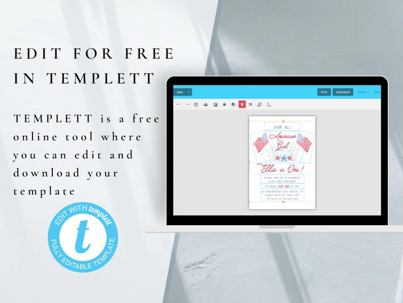 May include: A computer screen displaying a printable invitation template for a first birthday party. The template features a red, white, and blue American flag design with the text "Our All American Girl Ellie is One!"