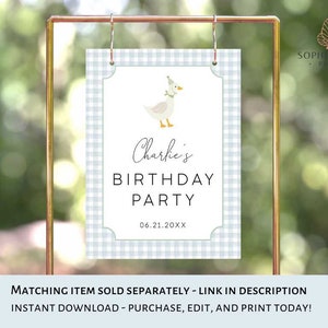 May include: A blue and white gingham printable sign with a cartoon goose illustration and the text "Charlie's Birthday Party 06.21.20XX".