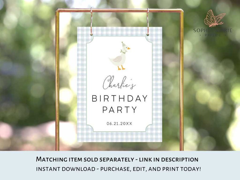 May include: A blue and white gingham printable sign with a cartoon goose illustration and the text "Charlie's Birthday Party 06.21.20XX".