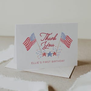 4. Juli DANKE Kartenvorlage, Vaterländische Dankeskarte, Druckbare Dankeskarte Amerikanische Flagge, Rot, Weiß und Zwei, bearbeitbar