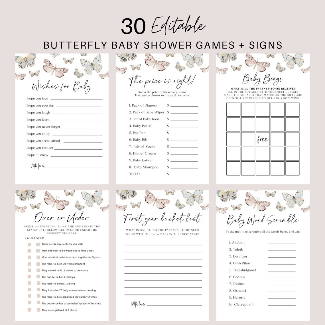 Butterfly Baby Shower Game Bundle Baby Shower Games Butterfly Etsy