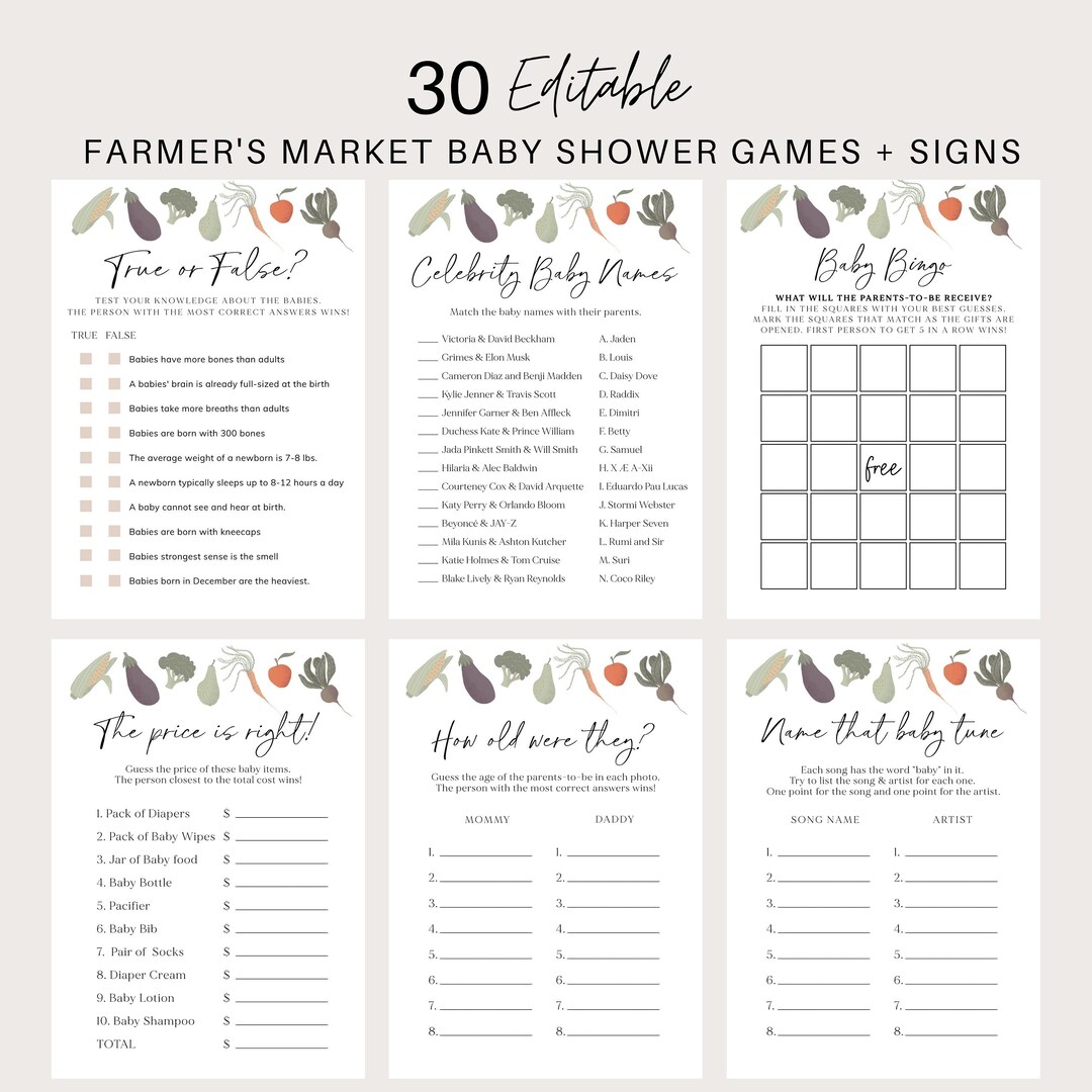 Locally Grown Baby Shower Game Bundle, Farmer's Market Baby Shower