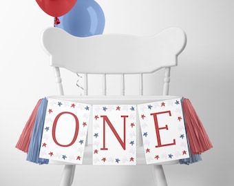 4. Juli-Geburtstags-Hochstuhl-Girlande, 1. Geburtstag, rot-weiß-blau, Hochstuhlbanner, bedruckbar