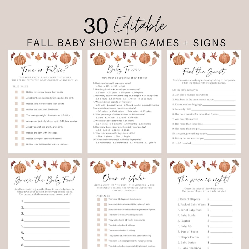 Fall Baby Shower Game Bundle Pumpkin Baby Shower Games - Etsy