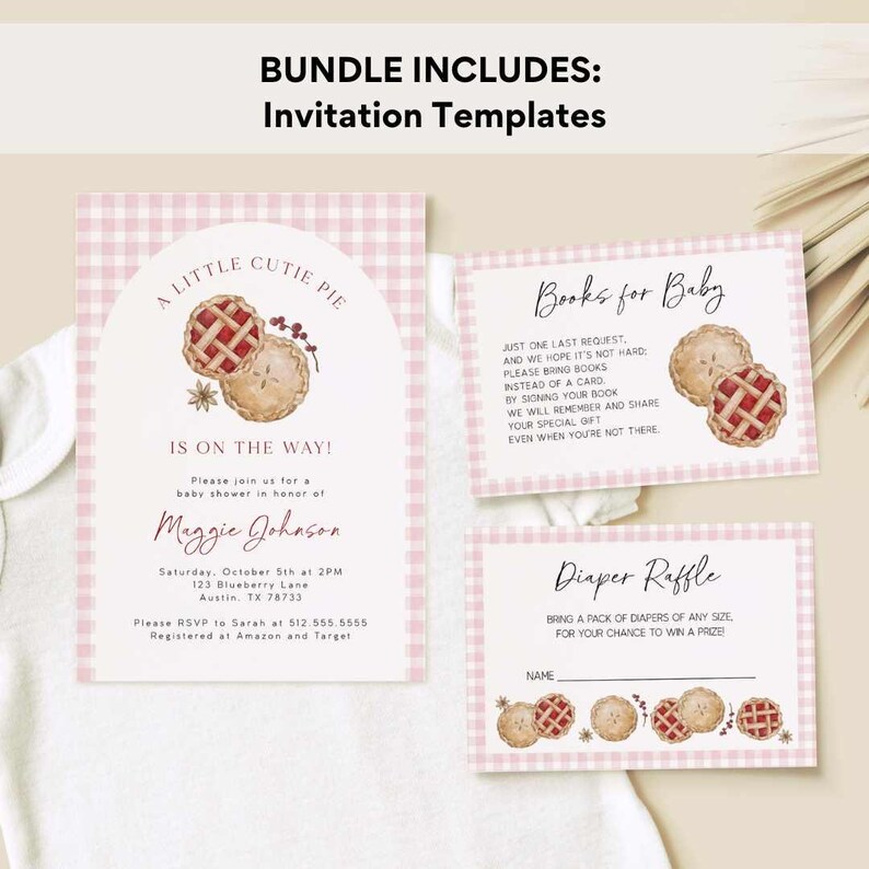 May include: A pink and white gingham pattern background with three printable cards for a baby shower. The first card is a baby shower invitation with a pie illustration and the text "A Little Cutie Pie is on the Way!" The second card is a "Books for Baby" request card with a pie illustration. The third card is a "Diaper Raffle" card with a pie illustration and a space for a name.