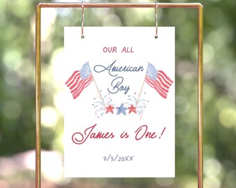 All American Boy First Birthday Welcome Sign, Red White and Blue, Little Firecracker First Birthday Decorations, 4th of July Birthday Party