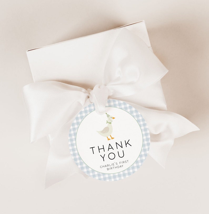 May include: A round blue and white gingham thank you tag with a cartoon goose wearing a green and white hat. The tag says "Thank You" and "Charlie's First Birthday".