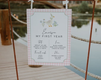 Puede incluir: Un cartel de hitos para bebés en gingham rosa y blanco con una ilustración de ganso de dibujos animados. El cartel dice "Emerson My First Year" e incluye detalles como el peso, la altura, los dientes, las palabras favoritas y las cosas que el bebé puede hacer.