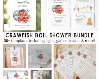 May include: A set of printable baby shower party decorations with a crawfish boil theme. The decorations include signs, games, invitations, and thank you cards. The design features a watercolor illustration of a pot of crawfish with lemons and spices.