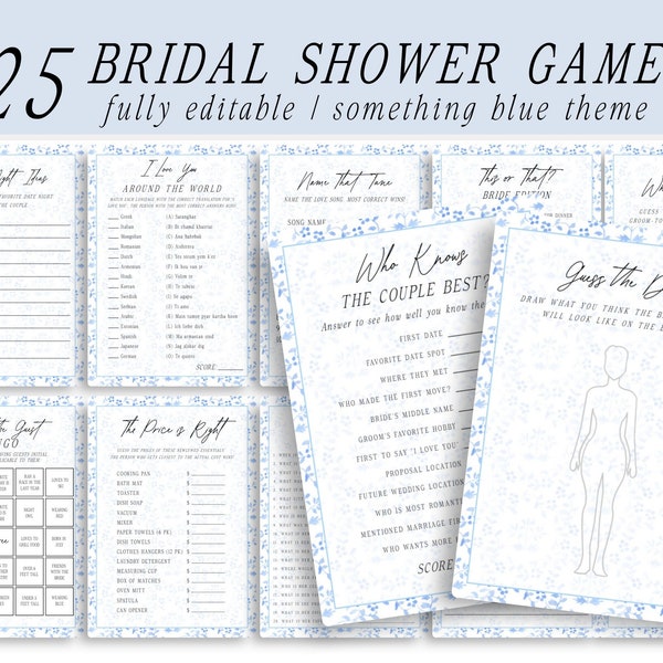 Something Blue Bridal Shower Game Bundle, Blue Floral Bridal Shower Games, Editable Bridal Shower Games, Blue Hen Party Games, Printable, B0