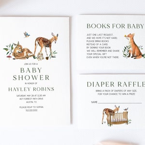 Woodland Baby Shower Invitation Set, Gender Neutral Baby Shower Template, Woodland Baby Shower, Books for Baby, Diaper Raffle, Printable