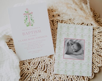 Convite de Batismo de Menina Floral Rosa, Convite de Batismo de Menina, Convite de Batismo Rosa com Foto, Cruz Rosa, Evite de Batismo, Para Imprimir