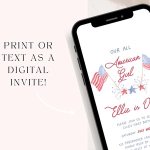 May include: A digital invitation for a first birthday party with a patriotic theme. The invitation features a watercolor illustration of two American flags and fireworks with the text "Our All American Girl Ellie is One!" and details for the party.