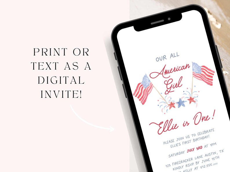 May include: A digital invitation for a first birthday party with a patriotic theme. The invitation features a watercolor illustration of two American flags and fireworks with the text "Our All American Girl Ellie is One!" and details for the party.