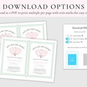 May include: Invitations with a light green gingham border and the text "LET'S HIT THE COURT!" feature pink pickleball paddles and a gold ball. The invitations are for a birthday celebration and are available for download as a PDF.