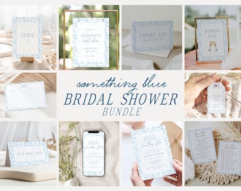 May include: A set of printable bridal shower decorations in a blue and white floral pattern. The set includes a table number sign, a welcome sign, a thank you sign, a mimosa bar sign, a favor tag, a game card, an invitation, and a name card. The text on the signs includes "Table 1", "Margaret's Bridal Shower", "Thank You", "Mimosa Bar", "Thank You", "Something Blue", and "Your Name Here".