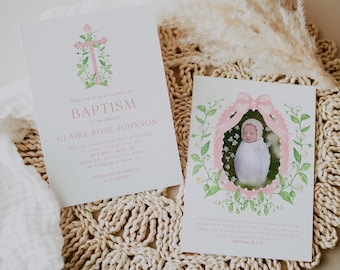 Convite de Batismo de Menina Floral Rosa, Convite de Batismo de Menina, Convite de Batismo Rosa com Foto, Cruz Rosa, Evite de Batismo, Para Imprimir