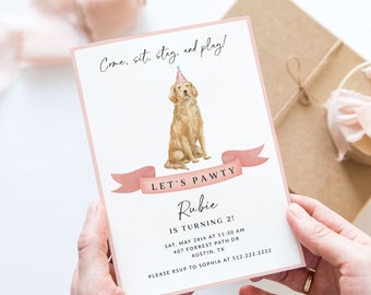 Golden Retriever Birthday Invitation, Pink Puppy Birthday Invitation, Let's Pawty Birthday Party, Girl Dog Birthday, Golden Puppy Invitation