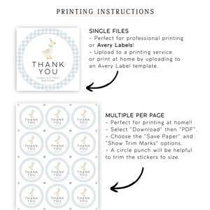 May include: Printable thank you stickers featuring a cute cartoon goose with a blue and white checkered background. The stickers say "Thank You" and "Charlie's First Birthday".