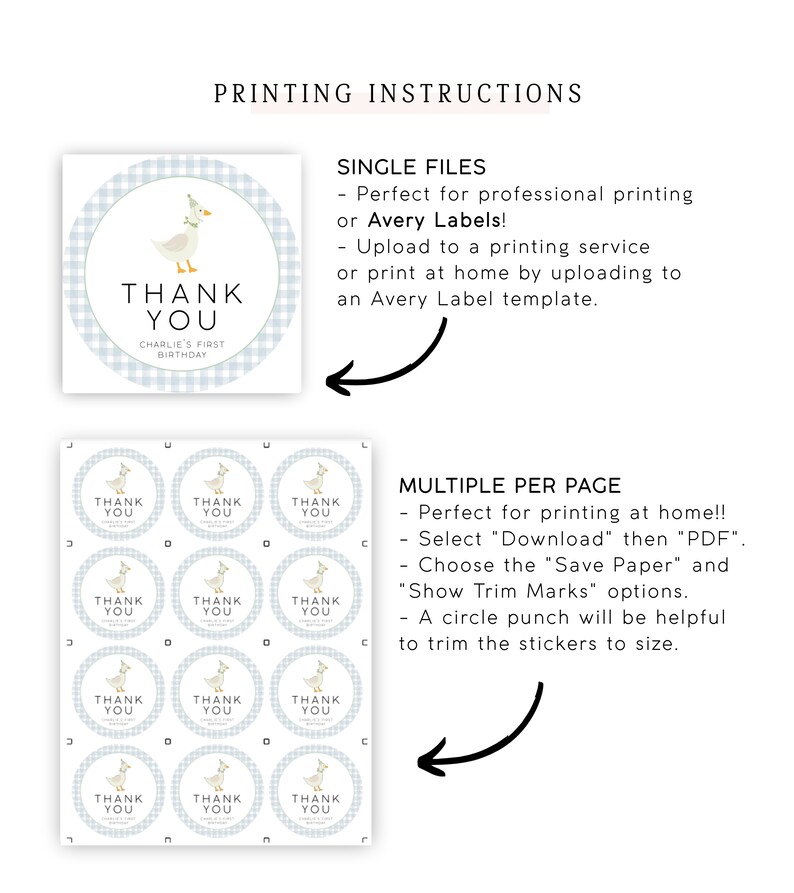 May include: Printable thank you stickers featuring a cute cartoon goose with a blue and white checkered background. The stickers say "Thank You" and "Charlie's First Birthday".