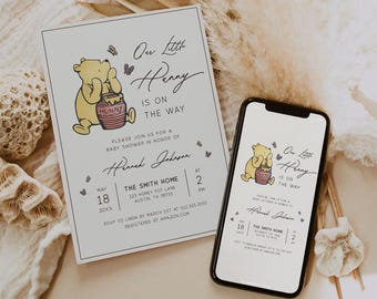 Classic Winnie the Pooh Baby Shower Invitation Template, Winnie the Pooh Baby Shower Invite, Baby Shower Invitation Neutral, Editable