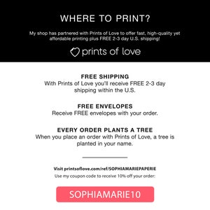 May include: Black and white graphic with the text "WHERE TO PRINT?" and "prints of love." The image also includes the text "FREE SHIPPING," "FREE ENVELOPES," and "EVERY ORDER PLANTS A TREE." A coupon code is also displayed.