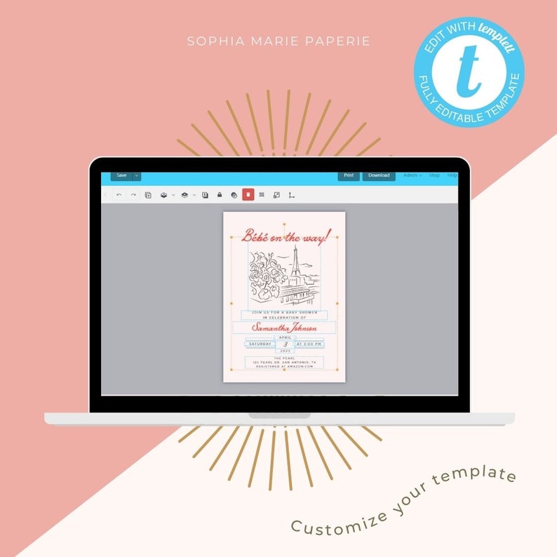 Op de afbeelding: Een digitaal sjabloon voor een babyshower-uitnodiging met een zwart-witte illustratie van de Eiffeltoren en bloemen. De tekst "B&eacute;b&eacute; on the way!" is in rood en de tekst "Samantha Johnson" is in roze. Het sjabloon is volledig bewerkbaar.